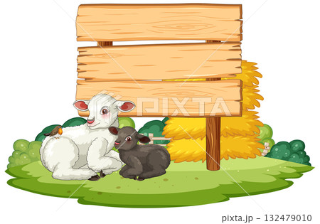 Two Lambs Resting Beside Wooden Farm Sign Two Lambs Resting Beside Wooden Farm Sign 132479010