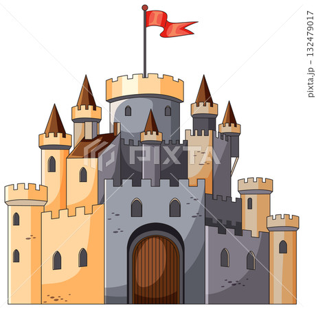 Medieval Stone Castle with Red Flag Illustration 132479017
