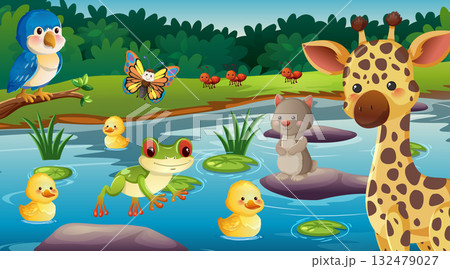 Cartoon Jungle Animals Gather by Riverbank in Daylight 132479027
