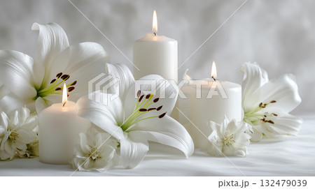 ユリを基調としたフラワーアレンジメント - 追悼、癒やし、メモリアル素材 ユリを基調としたフラワーアレンジメント - 追悼、癒やし、メモリアル素材 132479039