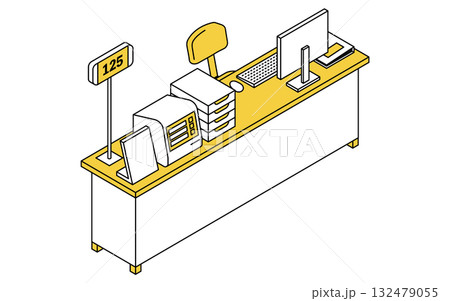 1名対応の発券機と呼出番号機とパソコンのある受付カウンターのシンプルな線画アイソメトリックイラスト 1名対応の発券機と呼出番号機とパソコンのある受付カウンターのシンプルな線画アイソメトリックイラスト 132479055