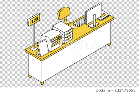 1名対応の発券機と呼出番号機とパソコンのある受付カウンターのシンプルな線画アイソメトリックイラスト 1名対応の発券機と呼出番号機とパソコンのある受付カウンターのシンプルな線画アイソメトリックイラスト 132479055