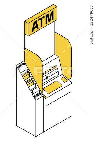 チラシ置き場付きのコンビニATMのシンプルな線画アイソメトリックイラスト チラシ置き場付きのコンビニATMのシンプルな線画アイソメトリックイラスト 132479057