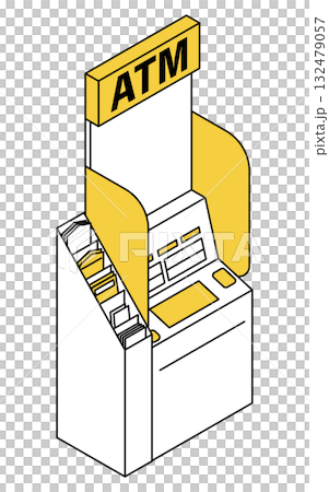 帶有傳單儲存區的便利商店 ATM 的簡單線條繪製等距插圖 132479057