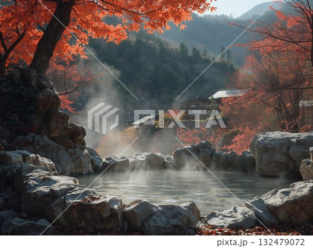 湯けむりと紅葉が広がる秋の露天風呂のイラスト 132479072