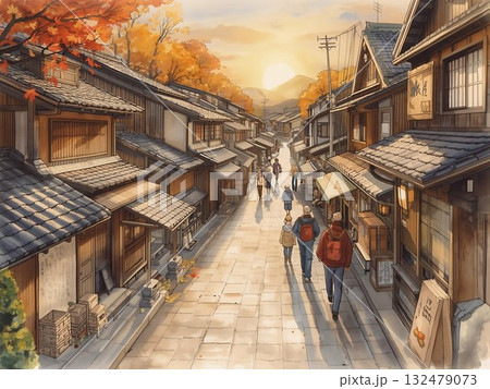秋風そよぐ和風の町並みのイラスト 132479073