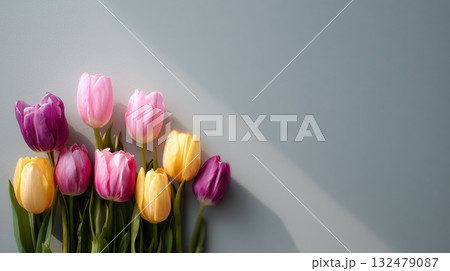 春のパステルカラーのチューリップブーケ、優しく明るい背景とコピースペース(お祝い、季節) 春のパステルカラーのチューリップブーケ、優しく明るい背景とコピースペース(お祝い、季節) 132479087
