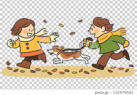 A child and a dog running through fallen leaves 132479581