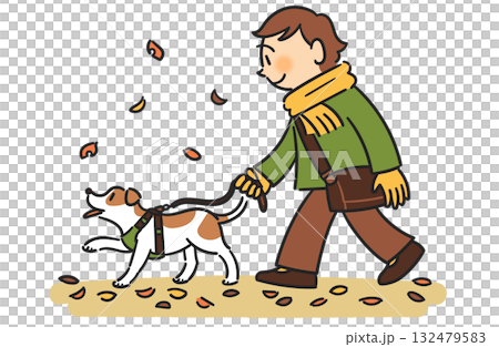 落ち葉と犬を見守る男性 132479583