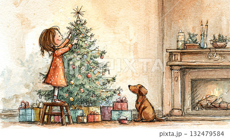 小さな女の子が暖炉のあるあたたかいリビングでクリスマスツリーの飾り付けをしている 小さな女の子が暖炉のあるあたたかいリビングでクリスマスツリーの飾り付けをしている 132479584