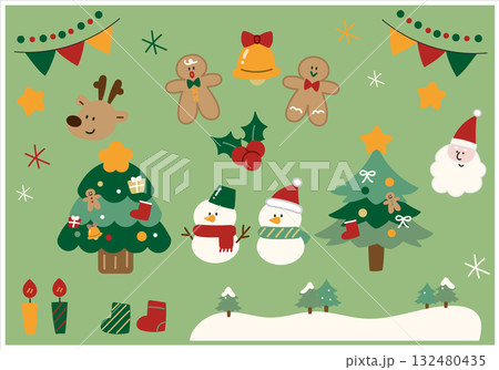 クリスマスの手描きイラスト素材セット 132480435
