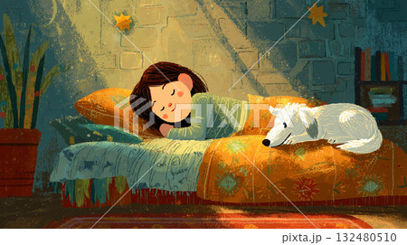 子供部屋のベッドで眠る女の子と犬 子供部屋のベッドで眠る女の子と犬 132480510