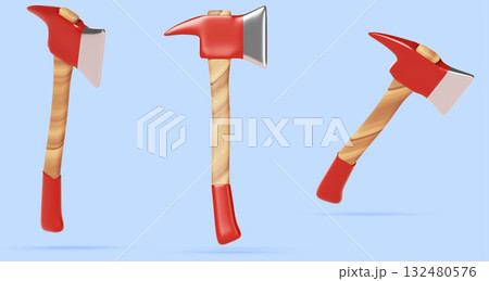 3d set of firefighter axe in different angles. Render cartoon icon of red hand ax, chopping tool for working with wood. Fireman hatchet, lumberjack equipment or vintage weapons. 3D illustration 132480576