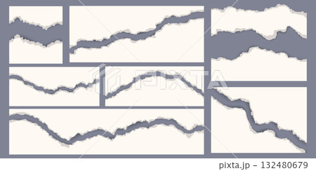 Torn paper with ripped edges. Tear pieces of sheet. Notebook pages for collage and scrapbooking design. Vintage template with rough elements. Realistic patches elements. Vector 132480679