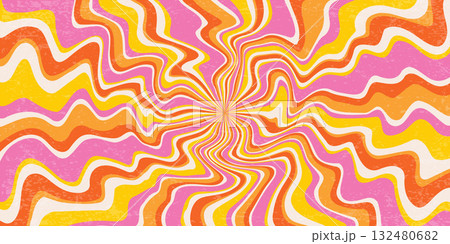 Swirl psychedelic background with wavy pattern of radial sun rays. Vector groovy candy backdrop with grunge texture. Summer pink and orange funky vintage bg. 132480682