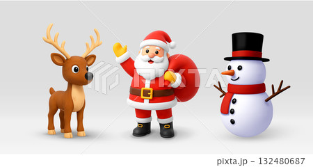 Santa Claus, reindeer, and snowman 3D 132480687