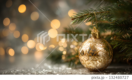 Ornate gold Christmas ornament with sparkling lights creating a festive atmosphere Ornate gold Christmas ornament with sparkling lights creating a festive atmosphere 132480727