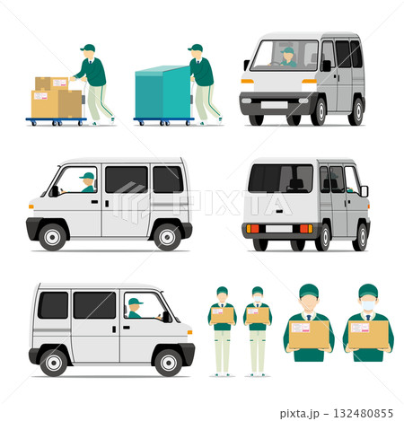 宅配便、車両、軽ワンボックスカー、軽自動車、台車、スタッフ、セット 宅配便、車両、軽ワンボックスカー、軽自動車、台車、スタッフ、セット 132480855