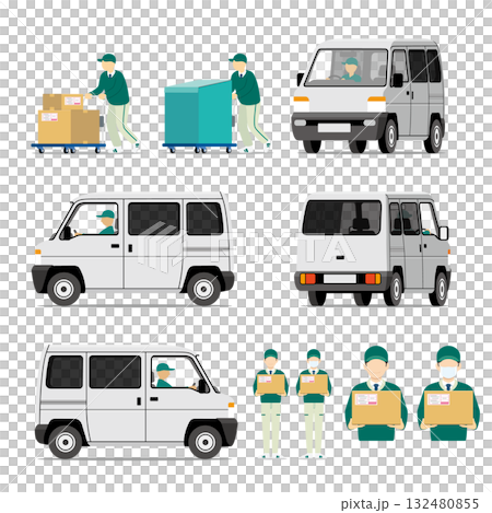 宅配便、車両、軽ワンボックスカー、軽自動車、台車、スタッフ、セット 宅配便、車両、軽ワンボックスカー、軽自動車、台車、スタッフ、セット 132480855
