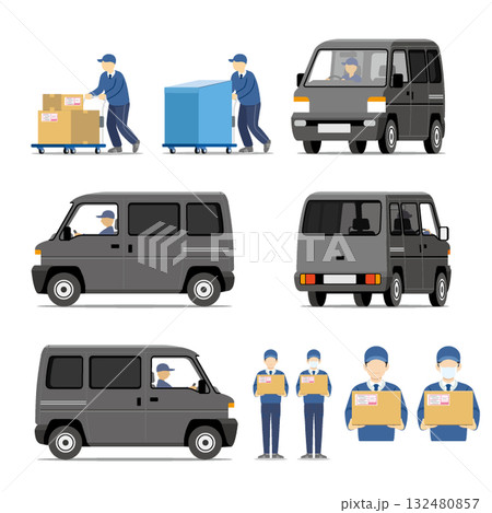 宅配便、車両、軽ワンボックスカー、軽自動車、台車、スタッフ、セット 宅配便、車両、軽ワンボックスカー、軽自動車、台車、スタッフ、セット 132480857