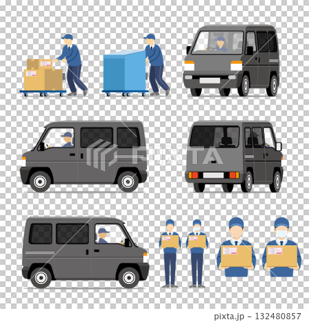 宅配便、車両、軽ワンボックスカー、軽自動車、台車、スタッフ、セット 宅配便、車両、軽ワンボックスカー、軽自動車、台車、スタッフ、セット 132480857