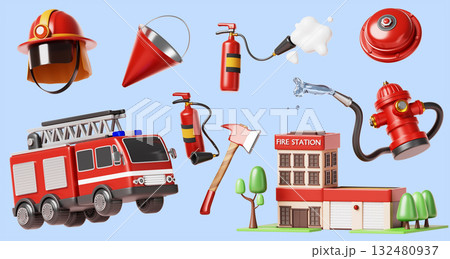 Firefighting equipment 3d render icon set. Fire station building, emergency rescue truck, helmet, foam extinguisher, red alarm bell, hydrant spraying water, cone bucket, axe isolated. 3D illustration Firefighting equipment 3d render icon set. Fire station building, emergency rescue truck, helmet, foam extinguisher, red alarm bell, hydrant spraying water, cone bucket, axe isolated. 3D illustration 132480937