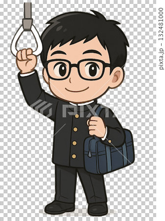 A male student with glasses wearing a school uniform holding onto a strap on a train on his way to school with a smile A male student with glasses wearing a school uniform holding onto a strap on a train on his way to school with a smile 132481000