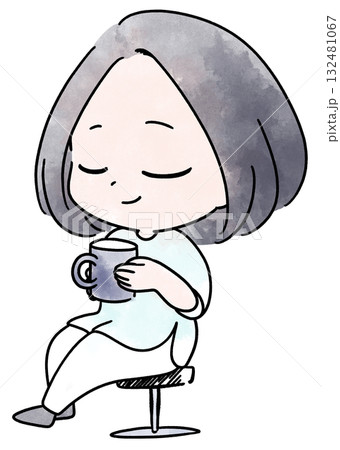 飲み物を飲んでリラックスする女性の水彩イラスト 飲み物を飲んでリラックスする女性の水彩イラスト 132481067