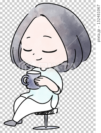 飲み物を飲んでリラックスする女性の水彩イラスト 飲み物を飲んでリラックスする女性の水彩イラスト 132481067