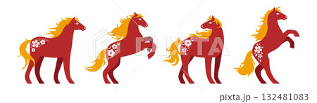Set of red fire Chinese horses with golden manes and floral decorations. Year of the horse. Hand drawn vector illustration. 132481083
