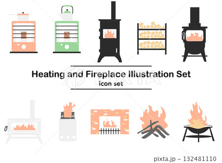 イラスト素材: 暖房器具と薪ストーブのアイコンセット 132481110