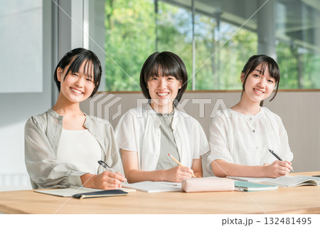 友達と勉強する私服姿の小学生,中学生の女の子(宿題,塾) 友達と勉強する私服姿の小学生,中学生の女の子(宿題,塾) 132481495