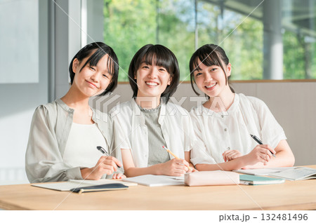 友達と勉強する私服姿の小学生,中学生の女の子(宿題,塾) 友達と勉強する私服姿の小学生,中学生の女の子(宿題,塾) 132481496