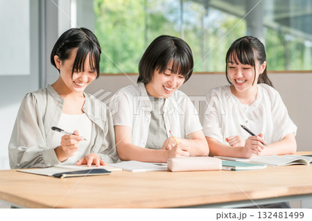 友達と勉強する私服姿の小学生,中学生の女の子（宿題,塾） 132481499