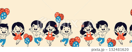 Seamless Children Border. Happy Cute kids Girl and Boy with balloons. Horizontal Background Template. Doodle hand drawing character for design and childish project. Vector Illustration. Not AI 132481620