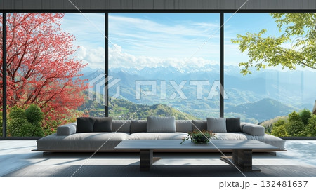 Cozy modern living room with panoramic mountain view and vibrant cherry blossoms in springtime 132481637