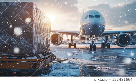 Cargo aircraft prepares for takeoff in snowy conditions at an airport during sunset 132481664