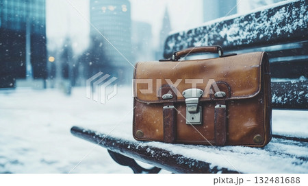 Brown leather briefcase left on a snowy park bench in a city during winter Brown leather briefcase left on a snowy park bench in a city during winter 132481688