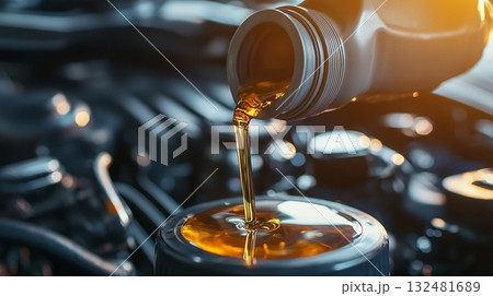 Pouring engine oil into a car's engine during routine maintenance in a garage Pouring engine oil into a car's engine during routine maintenance in a garage 132481689
