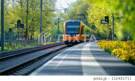 Bright orange train approaching on a sunny day surrounded by green trees and blooming flowers in the countryside 132481711