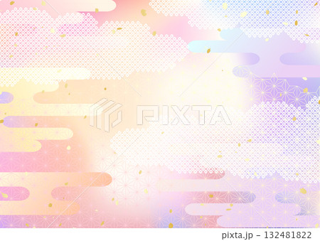 夕空のグラデーションと日本の伝統的な模様を組み合わせた和風背景イラスト 132481822