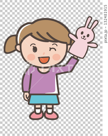 一個女孩在玩兔子木偶的全身插圖 132481915