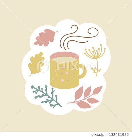 Cozy autumn mug with hot chocolate, tea or coffee, and autumn leaves 132481986