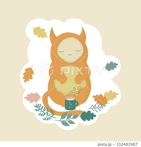 Cozy autumn picnic, tea party in the park with a cute cartoon character 132481987