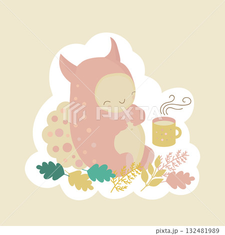 Cute pink monster and a mug of hot tea, coffee, cozy autumn picnic illustration 132481989
