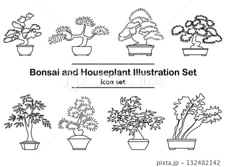 イラスト素材: ボンサイと観葉植物の線画アイコンセット 132482142
