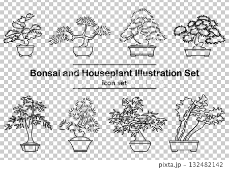 圖庫插圖: 盆景和室內植物線條畫圖示集 132482142