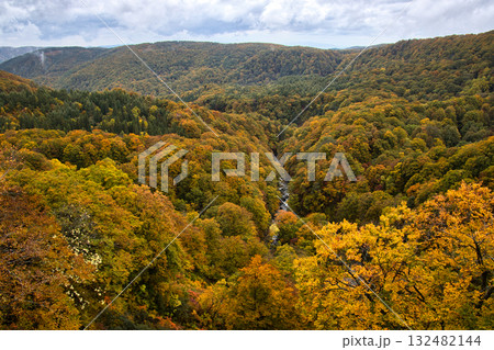 八甲田　城ヶ倉大橋からの雄大で美しい紅葉　青森県青森市 132482144