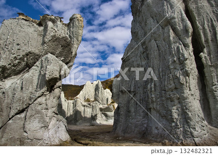 仏ヶ浦の迫力ある奇岩と美しい海と紅葉　青森県佐井村 132482321