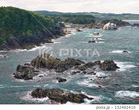 種差海岸　オオシマと白岩　美しい海と淀の松原　青森県八戸市（ドローンによる空撮） 132482410